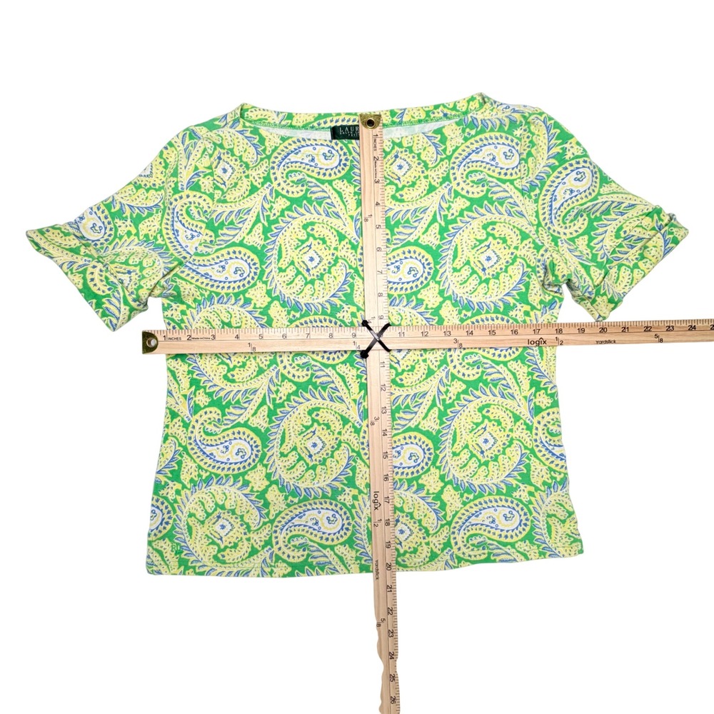 Lauren Ralph Lauren Green Paisley Boat Neck Cotton Petite Large Top Y2K Coastal - Picture 5 of 5